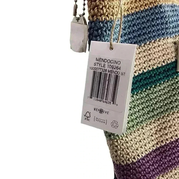 The Sak Mendocino Tote Large Multi Stripe Crochet Double Strap Zip Top Vegan NEW - Picture 4 of 14